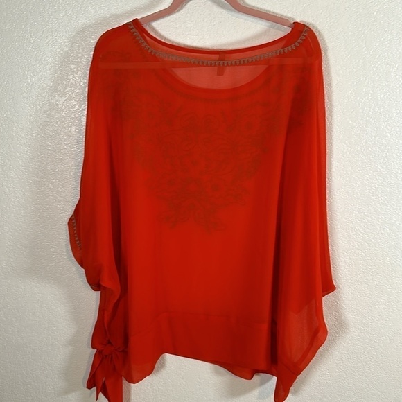 Donna Claire Orange Sheer Embroidered Blouse Side Tie Size 22 - Picture 6 of 8